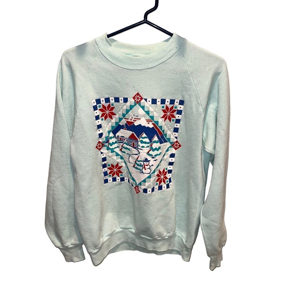 VTG 90s Jerzees Ice Blue Snowman Cabin Winter‎ Sweatshirt USA L